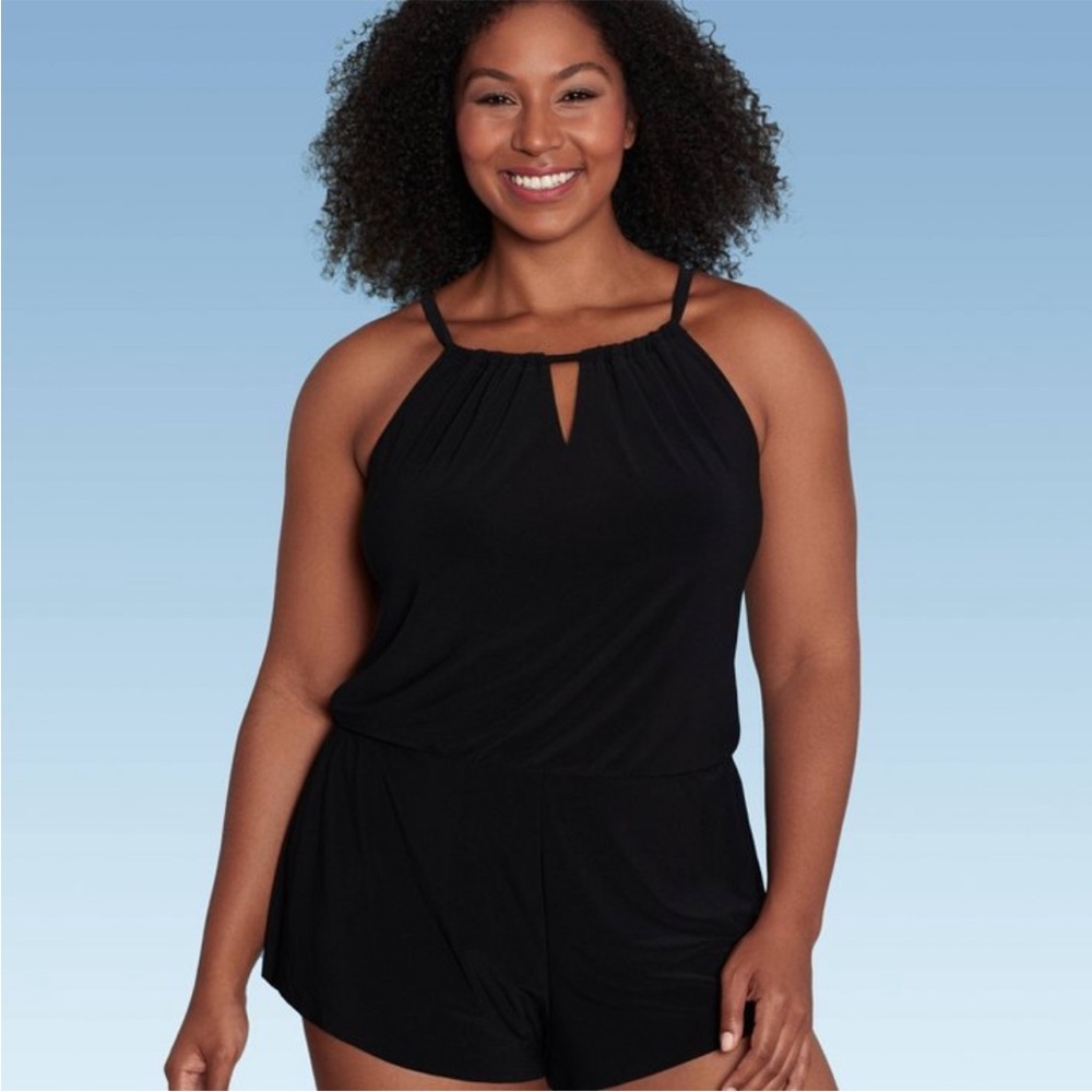 Aqua green high neck swim romper black plus size